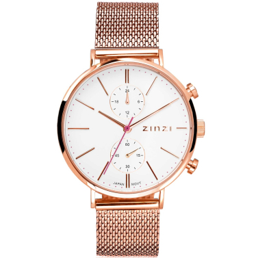 ZINZI Traveller Uhr  weißes Zifferblatt und roségoldfarbenes Gehäuse Stahlgitterband roségoldfarben 39mm dual time ZIW708M