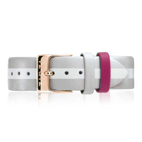 ZINZI Retro Lederarmband grau weiß gestreift Stahl roségoldfarbende Schließe 18mm RETBand40