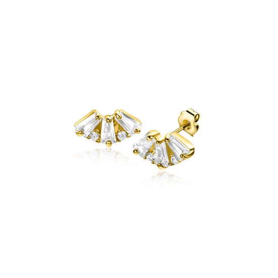 6mm ZINZI Gold 14kt goldene Fantasie-Ohrstecker mit drei baguettegeschliffenen weißen Zirkonias und zwei runden Zirkonias ZGO520