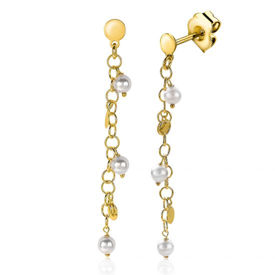 ZINZI silberne Ohrhänger 50mm 14K gelb vergoldet runde Plättchen und  weiße Perlen ZIO2186G
