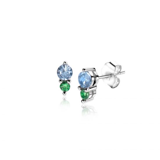 ZINZI zlv. oorknopjes met licht blauw en groen zirc.