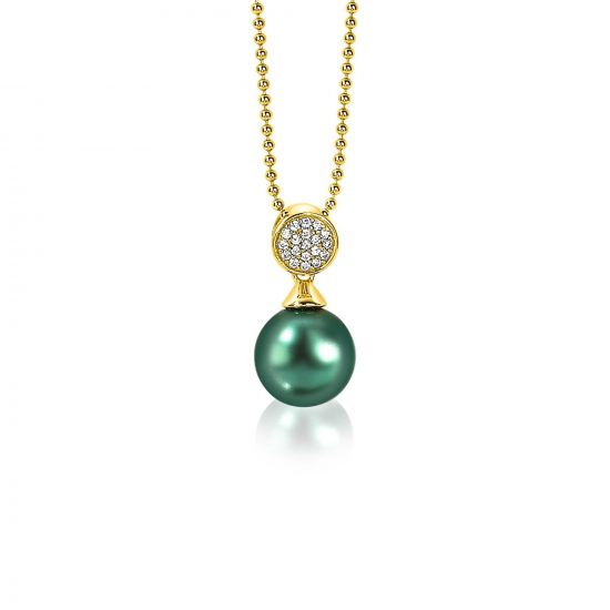 ZINZI silberner Perlenanhänger gelbvergoldet 18mm  weiße Zirkonias grüne Perle ZIH1151GG