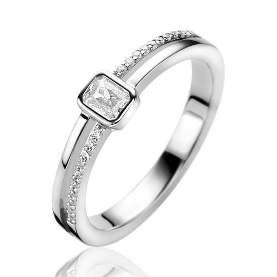 ZINZI Silber-Multilook-Ring mit rechteckiger Zargenfassung von 5mm und zwei Bahnen. Besetzt mit weißen Zirkonia ZIR2626
