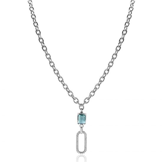 ZINZI zlv. collier/hanger ovale met zirc. en petrol cz