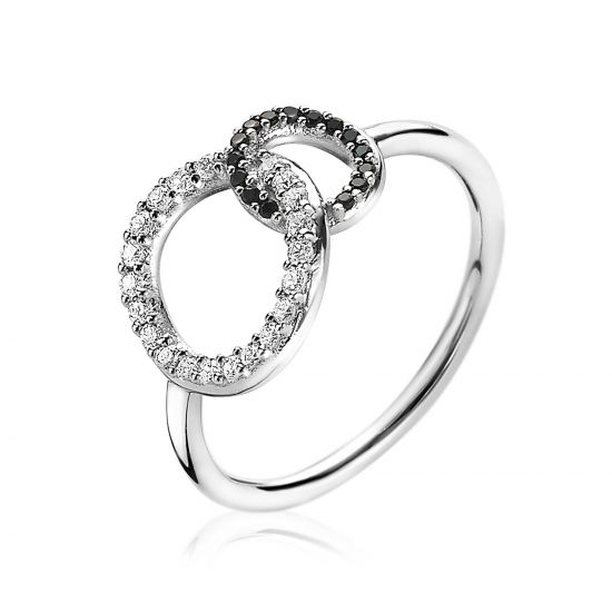ZINZI silberner Ring 2 runde Formen verbunden schwarz weiß ZIR1987