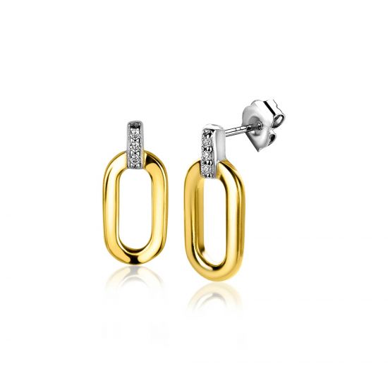 ZINZI silberne Ohrstecker extra 14K gelb vergoldet oval weiße Zirkonias 13mm ZIO2248