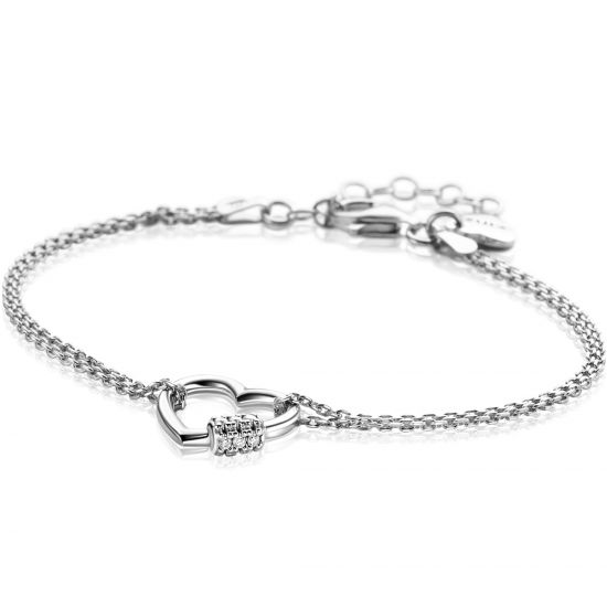 ZINZI zlv. armband dubbel met hart ertussen met cz.