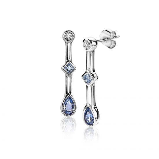 ZINZI silberne Ohrringe Stab 22mm mit Kreis Dreieck Tropfen blau ZIO2091