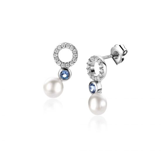 ZINZI zlv. oorstekers met zirc.wit/blauw/parel