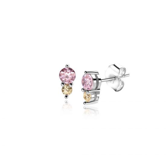 ZINZI zlv. oorknopjes met roze en gele zirc.