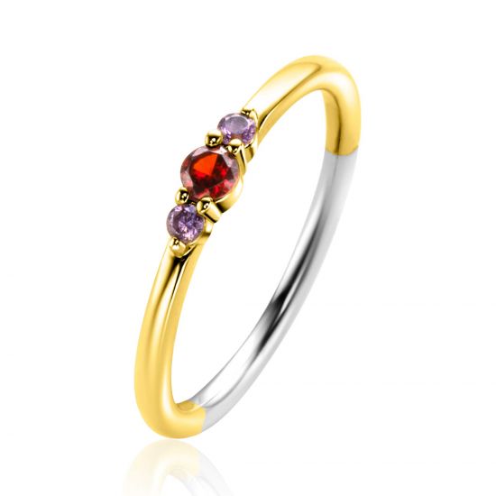 ZINZI zlv. ring met rood en paarse zirc.mt.60