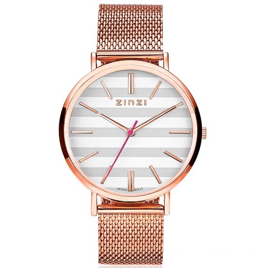 ZINZI Retro Uhr grau-weiß gestreiftes Zifferblatt roségoldfarbenes Gehäuse Stahlgitterband roségoldfarben 38mm extra dünn ZIW420M