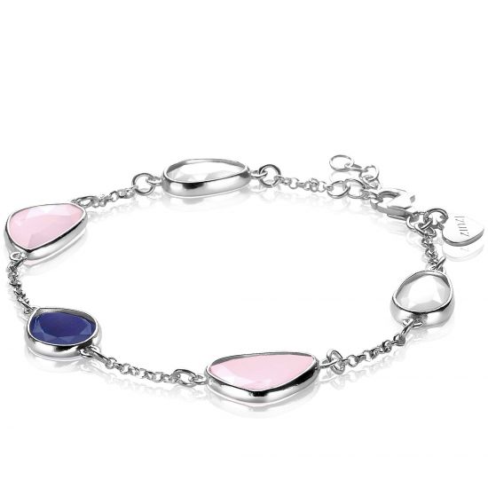 ZINZI silbernes stilvolles Armband mit  weißen, rosanen und blauen Farbsteinen in trendy Formen  ZIA1998