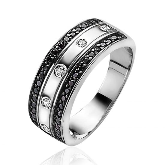 ZINZI silberner Ring im Multi-Look, äußere Reihen schwarze Zirkonias, in der mittleren Reihe 5 runde weiße Zirkonias ZIR830Z