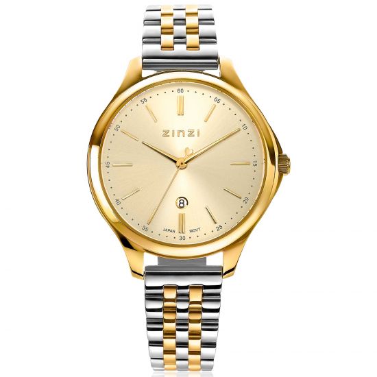 "ZINZI Classy Uhr 34mm goldfarbenes Zifferblatt goldfarbenes Stahlgehäuse und zweifarbiges Band, Datum ziw1010"