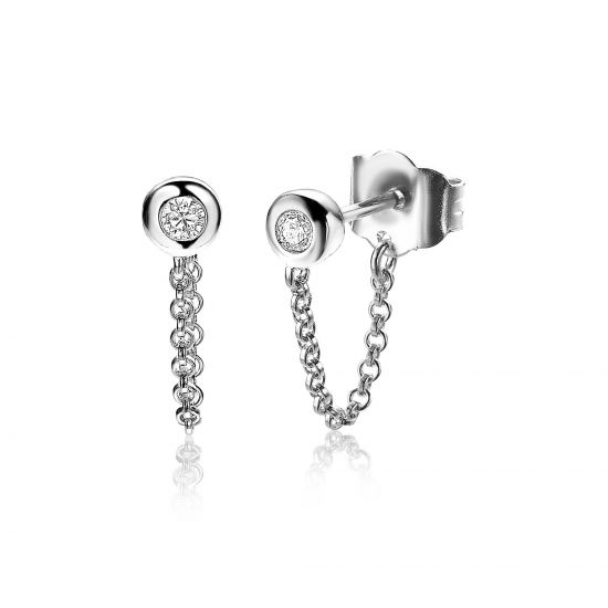 ZINZI silberne Ohrstecker mit Kette rund  weiß ZIO1773