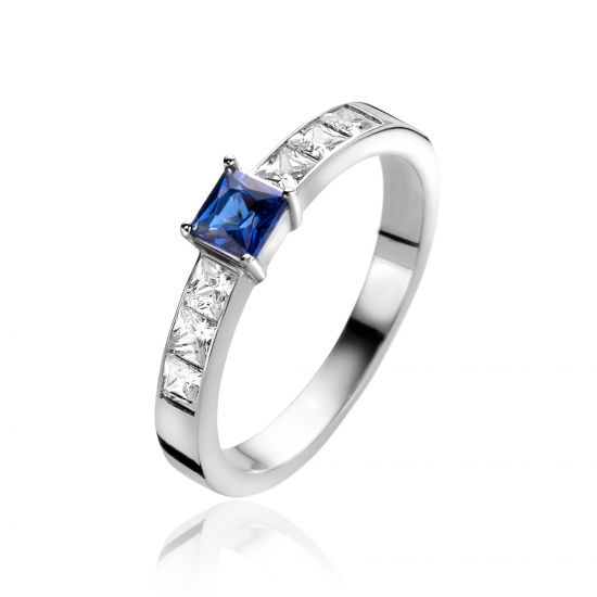 ZINZI zlv. ring prinses blauw en wit zirc. mt.60