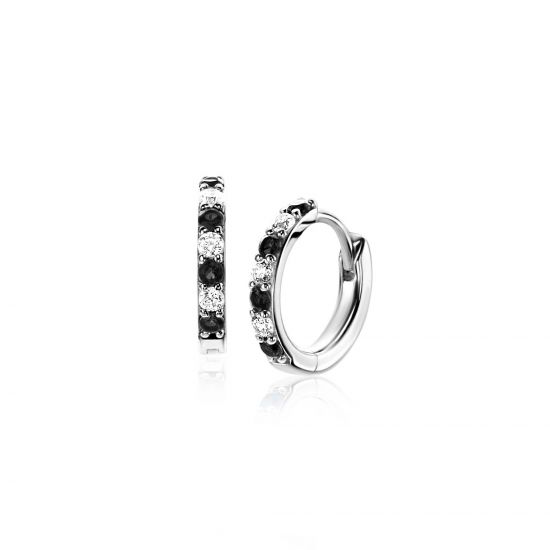 12mm ZINZI Silberne Creolen, besetzt mit weißen und schwarzen Zirkonias, 2mm Röhrendicke, mit luxuriösem Klappverschluss ZIO2559Z