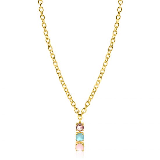 ZINZI zlv. collier gg.verg. hanger roze en turq.stenen