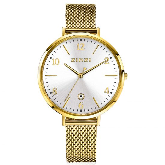"ZINZI Uhr SOPHIE silberfarbenes Zifferblatt mit Datum, goldfarbenes Gehäuse 38mm, Stahlgitterband 16mm ZIW1433"