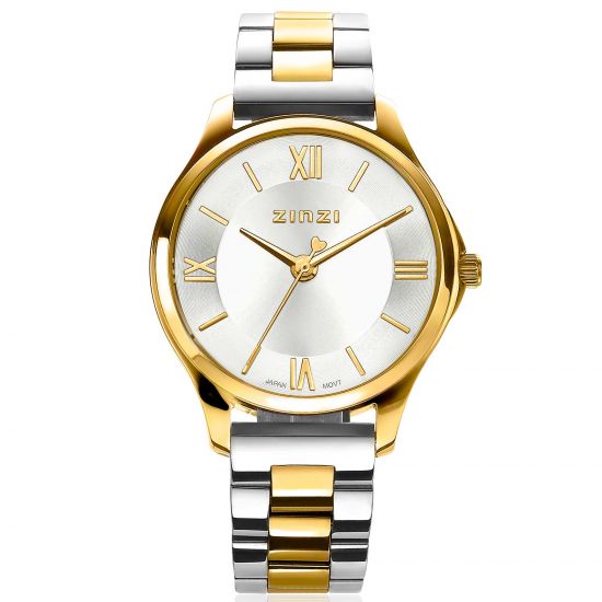 "ZINZI Classy Mini Uhr 30mm silberfarbenes Zifferblatt goldfarbenes Stahlgehäuse und zweifarbiges Band ziw1233"