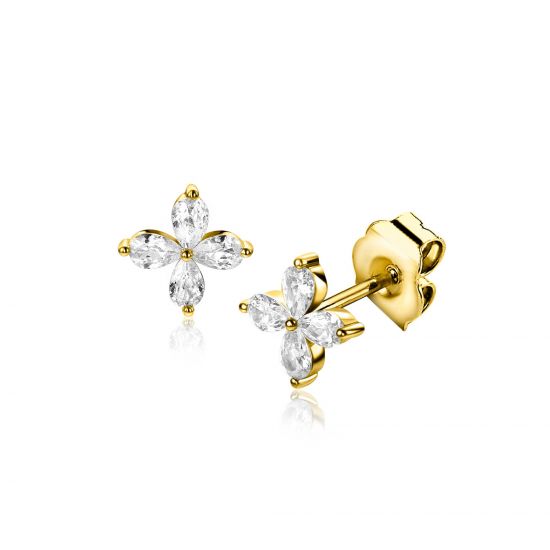 7,5mm ZINZI vergoldete Silber Ohrstecker mit Blume, besetzt mit vier tropfenförmigen weißen Zirkonia ZIO2624
