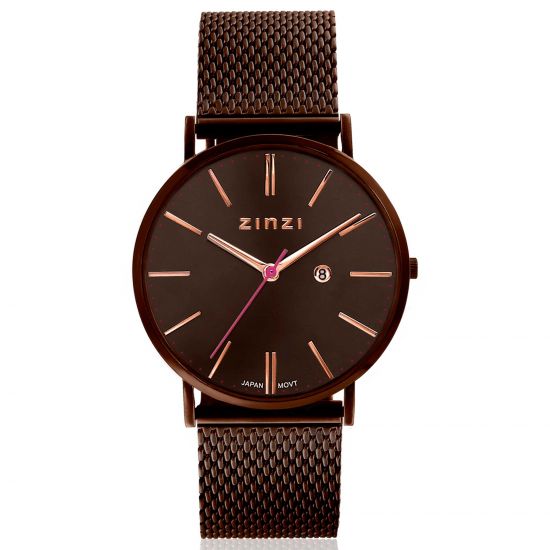 ZINZI Retro Uhr braun farbenes Zifferblatt mit rosé Zeigern und braunes Stahlgitterband 38mm extra dünn ZIW415M