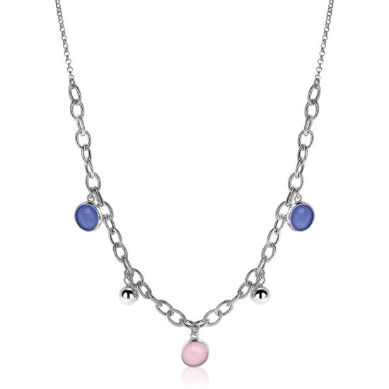 ZINZI silberne Luxus Jasseron Kette 45cm mit Kugel und Charms rund in rosaund blau ZIC2005