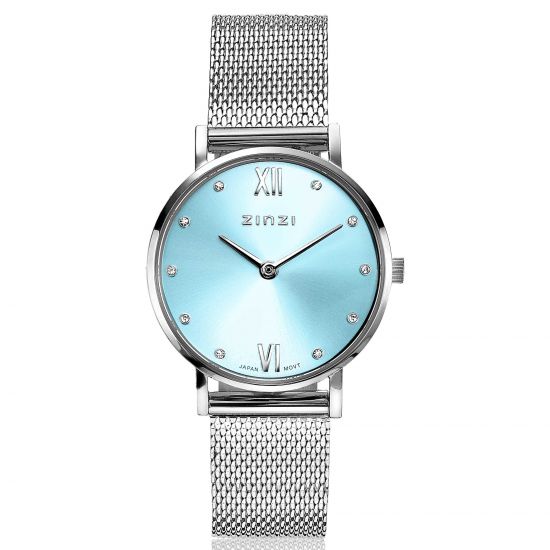 "ZINZI Lady Crystal Uhr ice blue Zifferblatt und Gehäuse Stahlgitterband,  weißen Kristallen bei der Stundenanzeige, 28mm extra dünn ZIW645M"