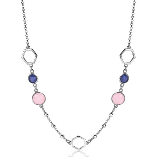 ZINZI silberne Fantasie Kette 45cm Sechseck blau rosa rund ZIC2002
