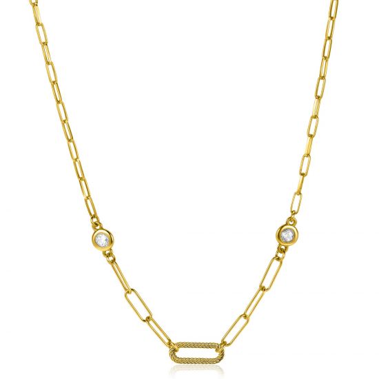 ZINZI Silberkette 14 Karat gelbvergoldet Paperclip Glieder mit weißen runden Zirkonias 42-45cm ZIC2264G