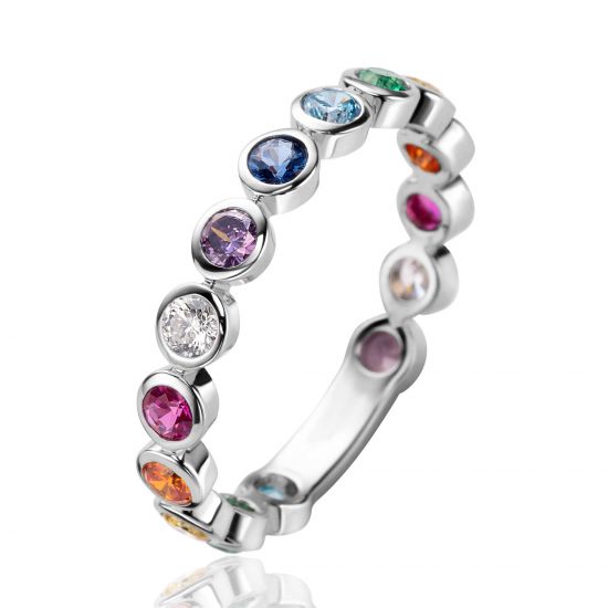 ZINZI Silber-Schmuckring mit Regenbogenfarbsteinen in runden Zargenfassungen, 3mm breit ZIR2599