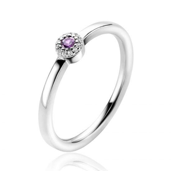 ZINZI zlv. ring entourage paars en witte zirc.mt.60
