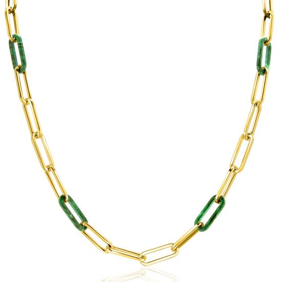 ZINZI zlv. collier gg.verg.paperclip met malachiet