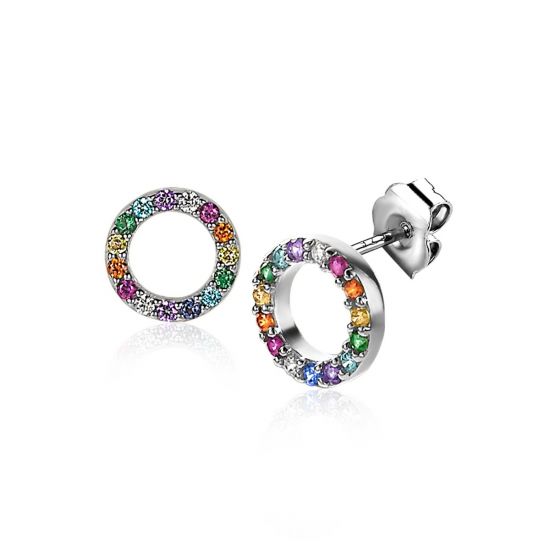 ZINZI zlv. oorknopjes rond open zirc. regenboog