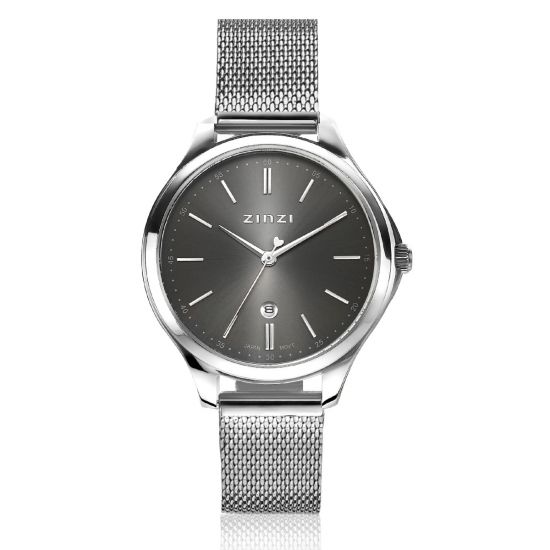 ZINZI Classy Uhr 34 mm graues Zifferblatt Stahlgehäuse und Mesh-Armband, Datum ZIW1024M