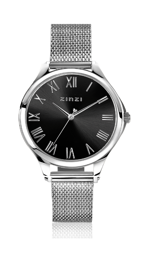 ZINZI Uhr JULIA 34 mm schwarzes Zifferblatt römische Ziffern Stahlgehäuse und Mesh-Armband ZIW1101M