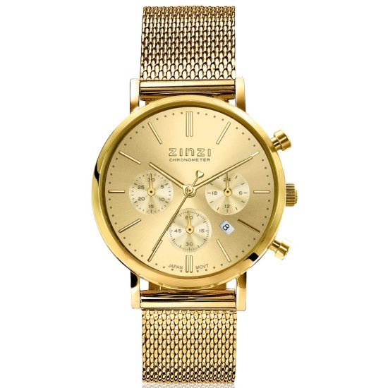 "ZINZI Uhr CHRONOGRAPH 34 mm gelbgoldfarbenes Zifferblatt mit Datum und Chronometern, gelbgoldfarbenes Stahlgehäuse, gelbgoldfarbenes Stahlgeflechtarmband 18mm ZIW1510"