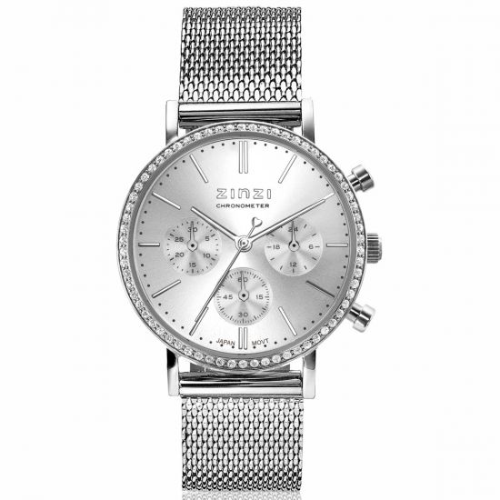 "ZINZI Uhr CHRONOGRAPH 36 mm Stoppuhr silberfarbenes Zifferblatt, Stahlgehäuse mit Kristallen, Stahlgeflechtarmband 18mm ZIW1602"