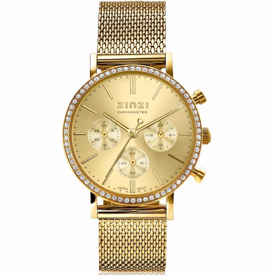 "ZINZI Uhr CHRONOGRAPH 36 mm Stoppuhr gelbgoldfarbenes Zifferblatt, gelbgoldfarbenes Stahlgehäuse mit Kristallen, gelbgoldfarbenes Stahlgeflechtarmband 18mm ZIW1610"