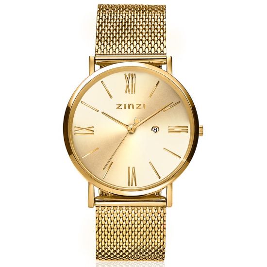 ZINZI Roman Uhr goldfarbenes Zifferblatt Stahlgehäuse gelbgoldfarben  Stahlgitterband gelbgoldfarben 34mm extra dünn ZIW510M