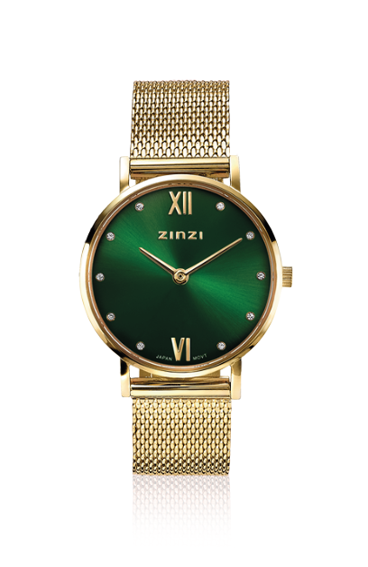 ZINZI Lady Crystal Uhr grünes Zifferblatt, gelbgoldfarbenes Gehäuseund  Stahlgitterband,  weißen Kristallen bei der Stundenanzeige, 28mm extra dünn ZIW635M