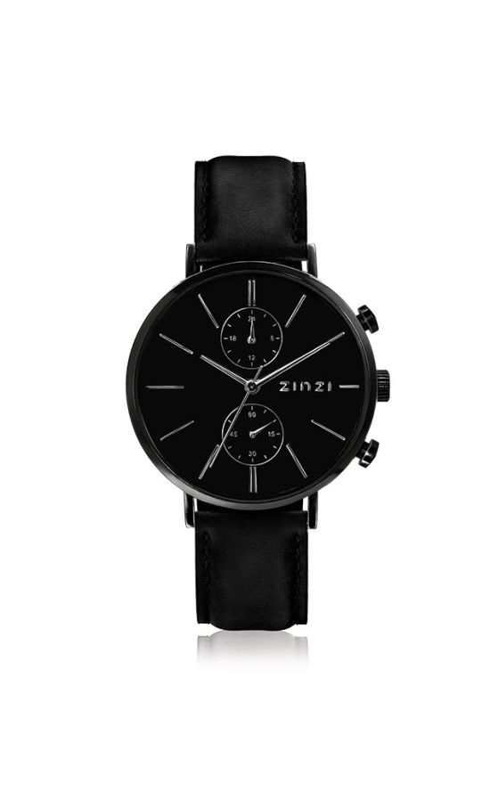 ZINZI Man watch Traveller black schwarzes Zifferblatt mattschwarzes Stahlgehäuse schwarzes Lederband 39mm dual time ZIW750
