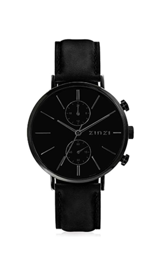 ZINZI Man watch Traveller black schwarzes Zifferblatt mattschwarzes Stahlgehäuse schwarzes Lederband 39mm dual time ZIW750