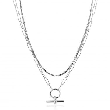 ZINZI zlv. collier dubbel grmt/paperclip T-bar zirc.