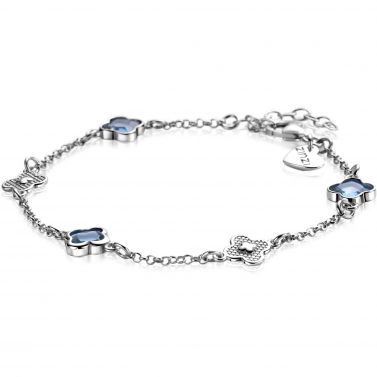ZINZI zlv. armband met klaver blauw zirc.