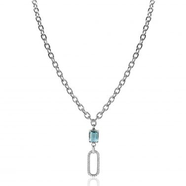ZINZI zlv. collier/hanger ovale met zirc. en petrol cz