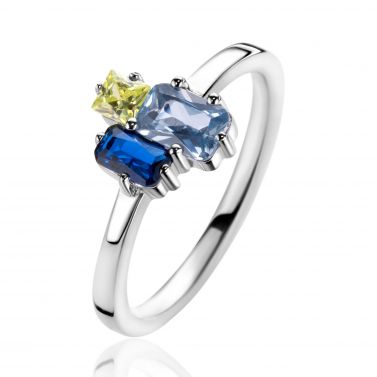 ZINZI zlv. ring met blauw tinten en groen zirc.mt.62