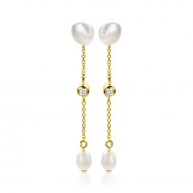 40mm ZINZI Vergoldete Silberne Ohrstecker mit Kettchen und ovalen weißen Süßwasserperlen ZIO2657