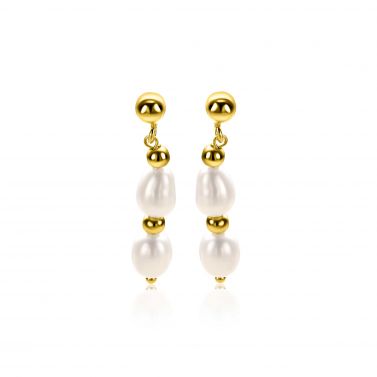 30mm ZINZI vergoldete Silber-Ohrstecker mit glänzenden Kugeln und zwei weißen Süßwasserperlen ZIO-BF121